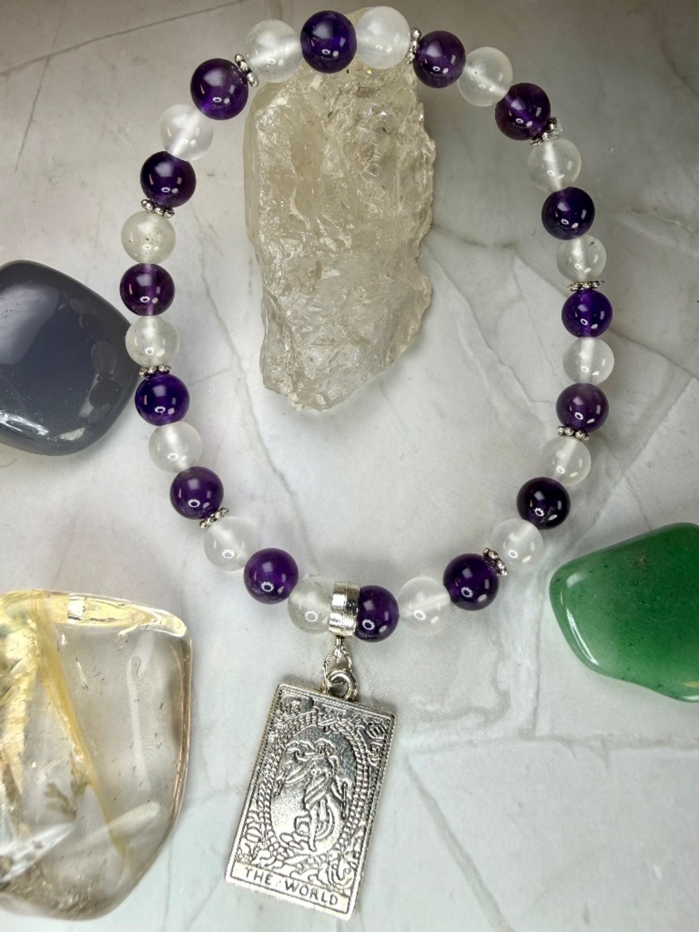 Milky Quartz & Amethyst The World Tarot Card Bracelet